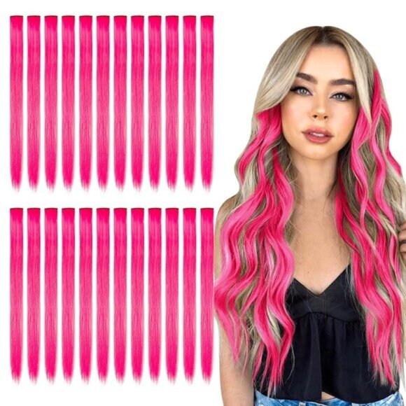New 24PCS 20 Inch Synthetic Pink Rainbow Hair Clip-in Hair Extensions for Girls